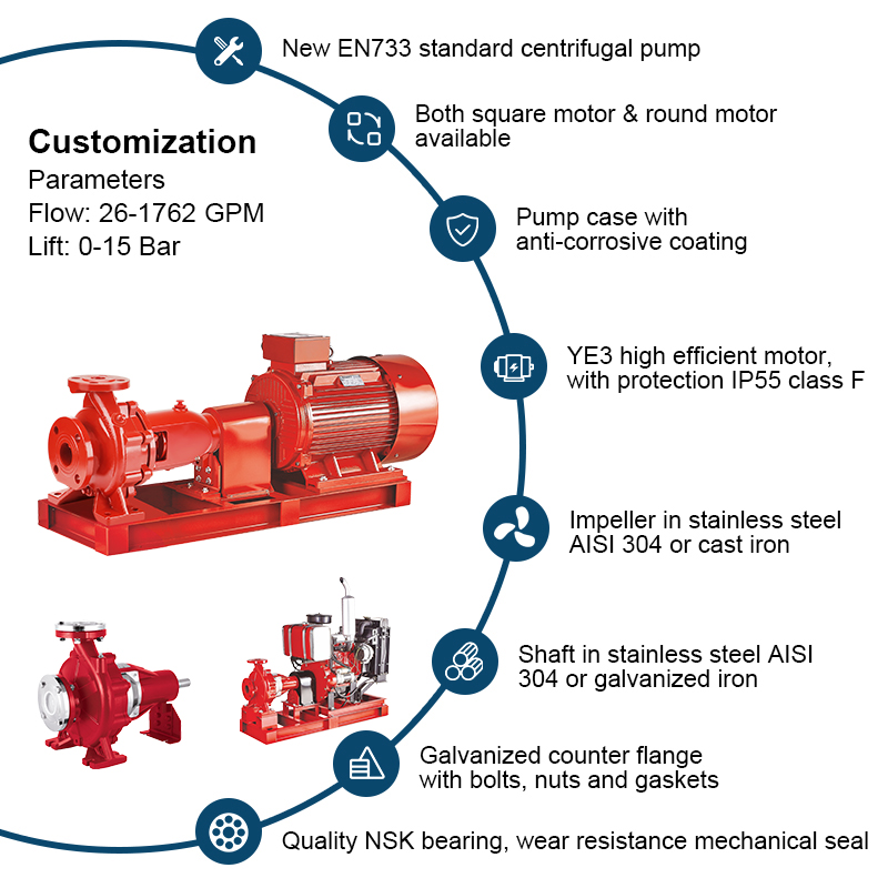 PSMF-Serie Horizontale Feuerlöschpumpe mit elektrischer Saugnabe und blanker Welle