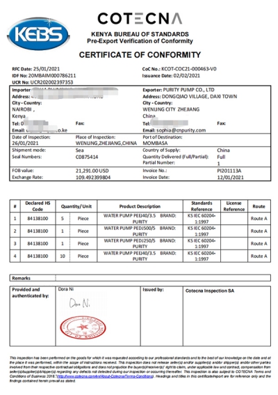 Export von PVOC-Zertifikaten in afrikanische Länder (Kenia)